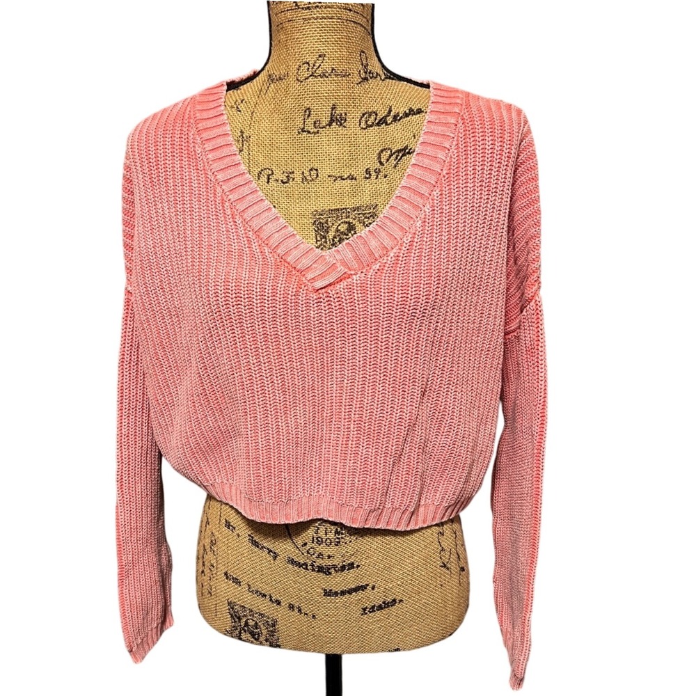 Aeropostale Cropped V-Neck Oversized Cable Knit‎ Sweater Coral Pink Size S